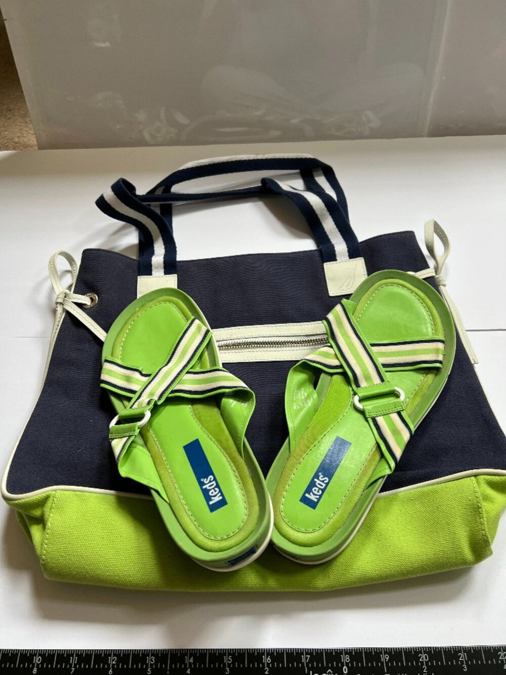 Nautica Blue and Green Tote with Keds Blue and Green Sandals W 81/2